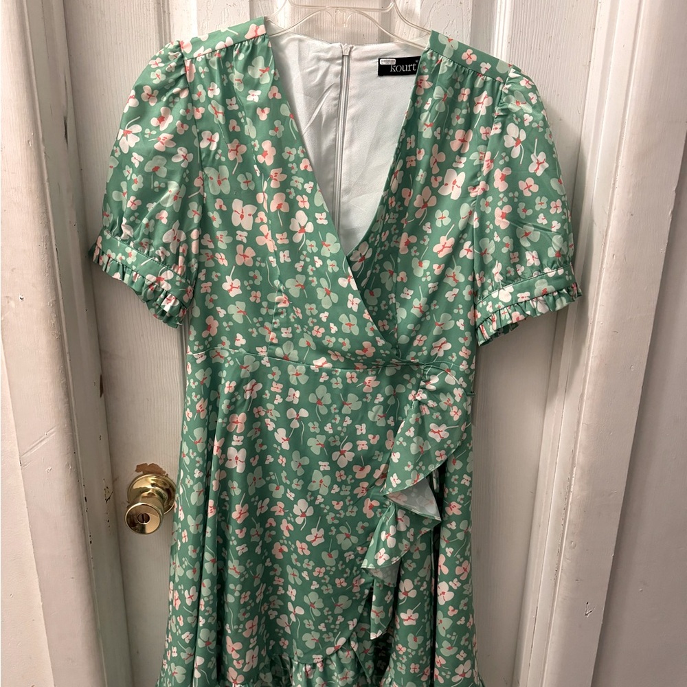 Green,clover-print, Ruffled Dress